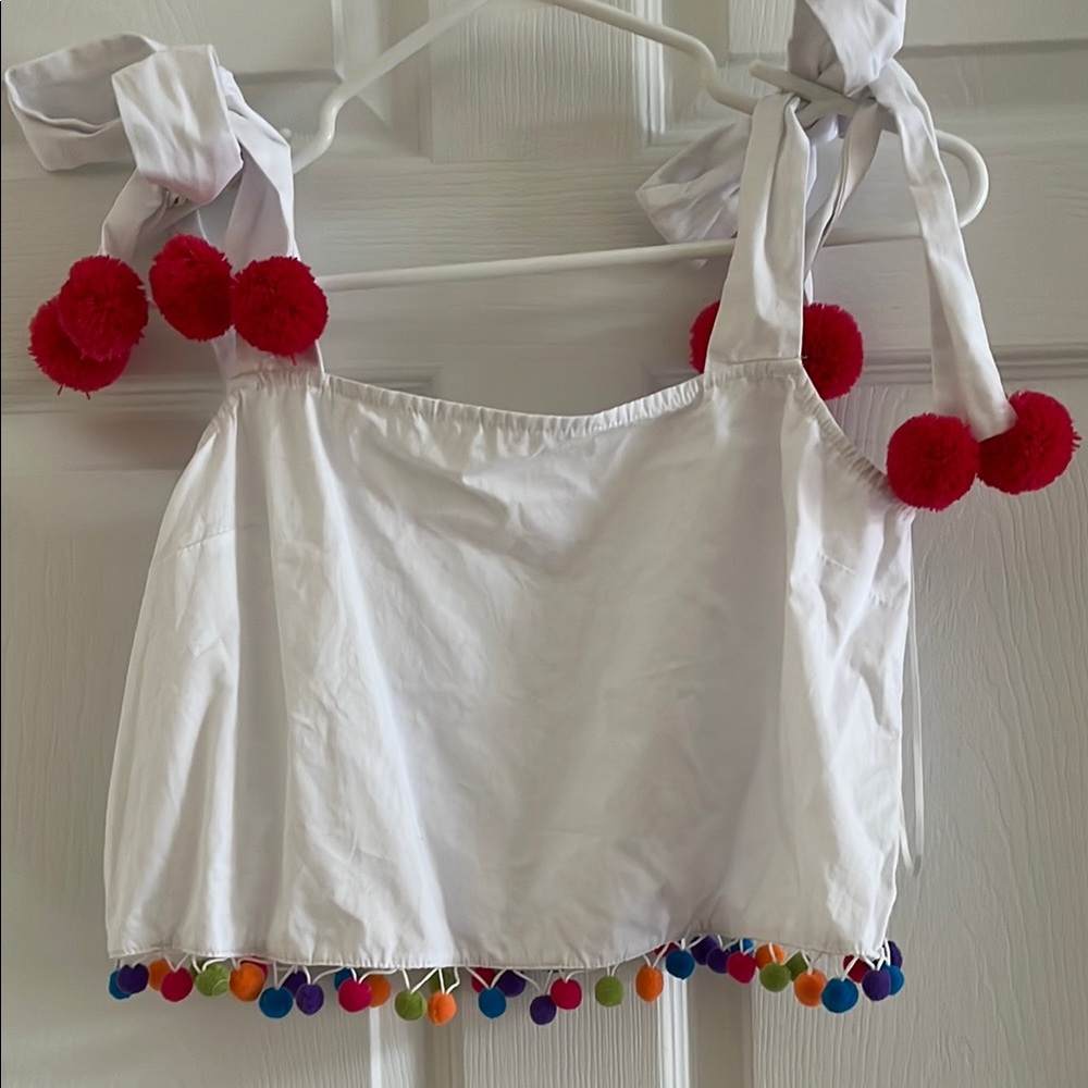 Sugarlips White Crop Top with Colorful Pom-Poms